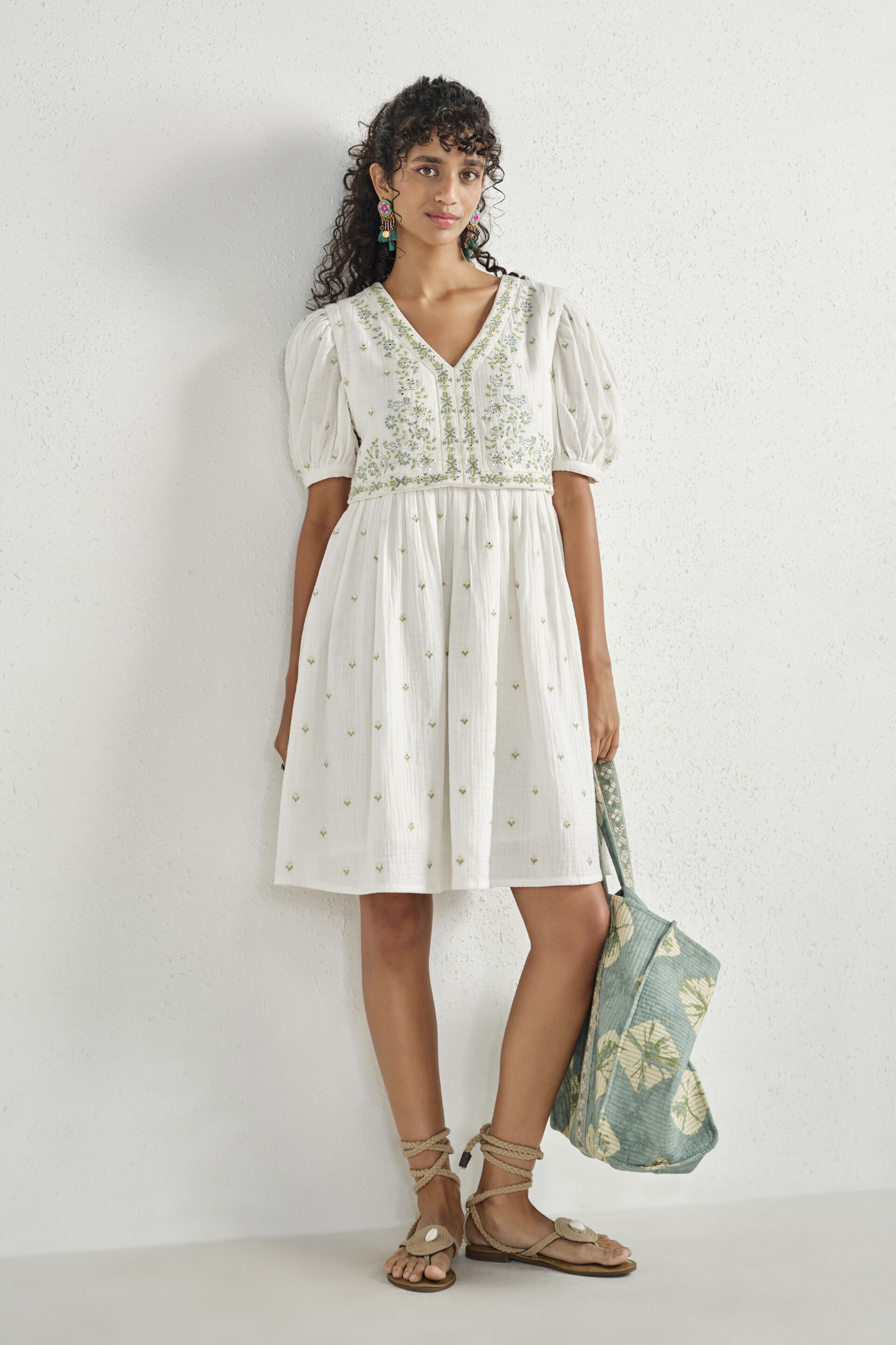 Ayra Embroidered Short Flared Dress, White, image 2